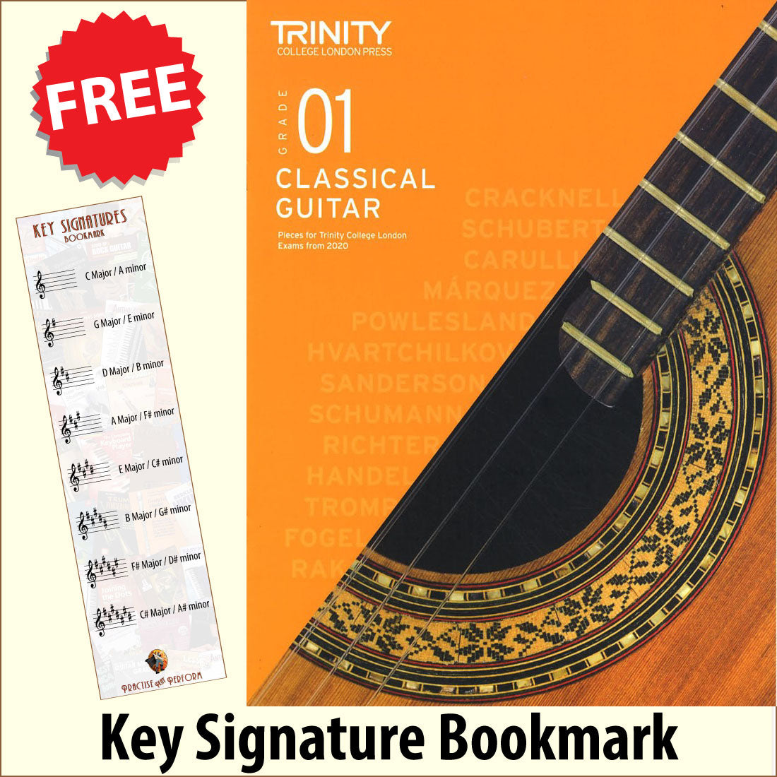 front cover of Trinity College London Classical Guitar Grade 1 from 2020 together with free Treble Clef bookmark