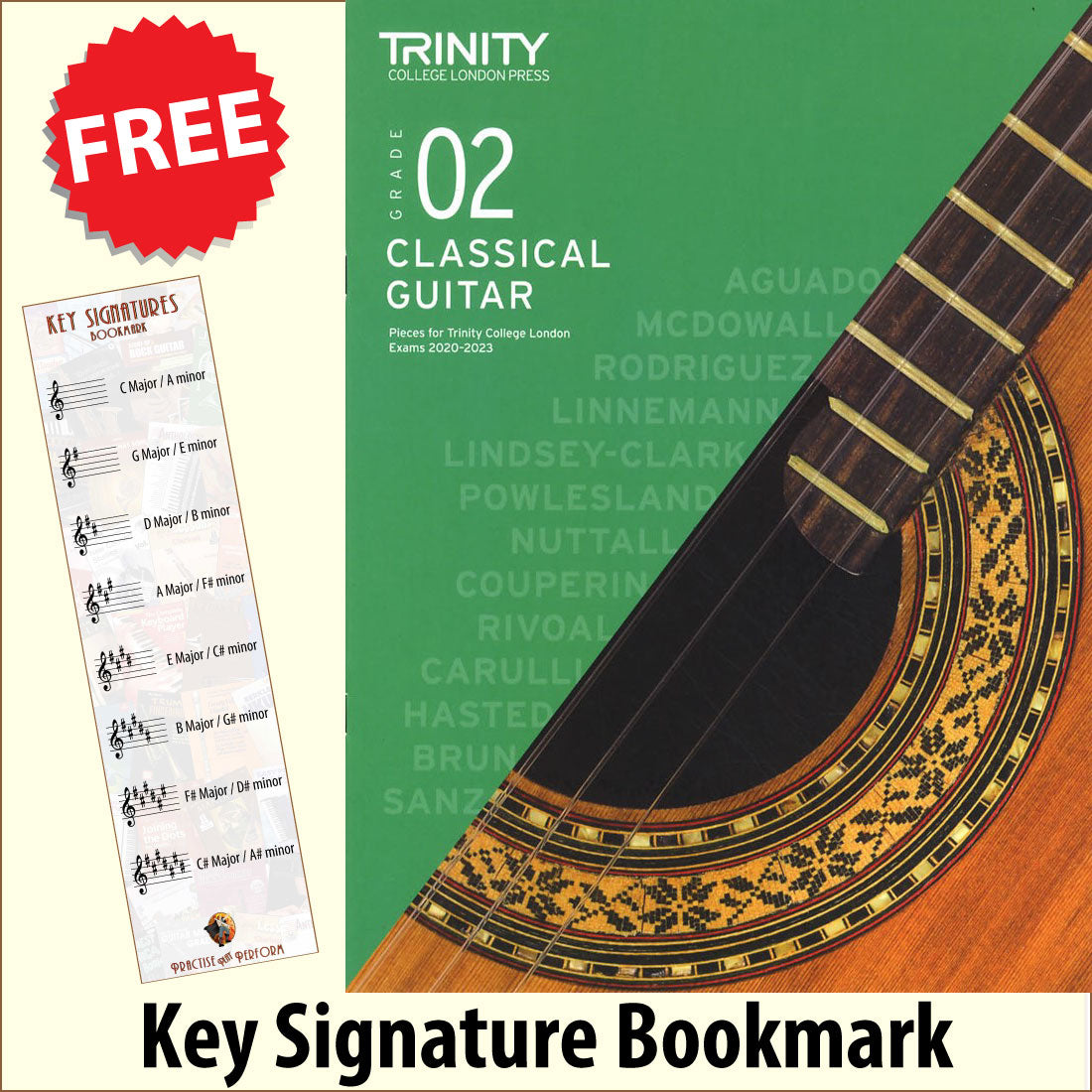 front cover of Trinity College London Classical Guitar Grade 2 from 2020 together with free Treble Clef bookmark