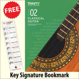 front cover of Trinity College London Classical Guitar Grade 2 from 2020 together with free Treble Clef bookmark