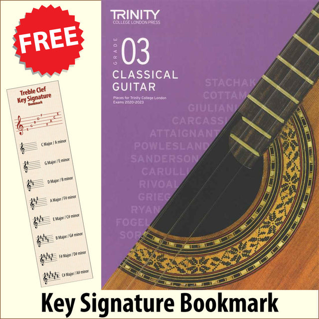 front cover of Trinity College London Classical Guitar Grade 3 from 2020 together with free Treble Clef bookmark