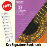 front cover of Trinity College London Classical Guitar Grade 3 from 2020 together with free Treble Clef bookmark