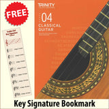 front cover of Trinity College London Classical Guitar Grade 4 from 2020 together with free Treble Clef bookmark