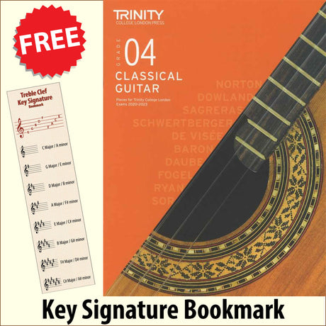 front cover of Trinity College London Classical Guitar Grade 4 from 2020 together with free Treble Clef bookmark