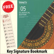 front cover of Trinity College London Classical Guitar Grade 5 from 2020 together with free Treble Clef bookmark