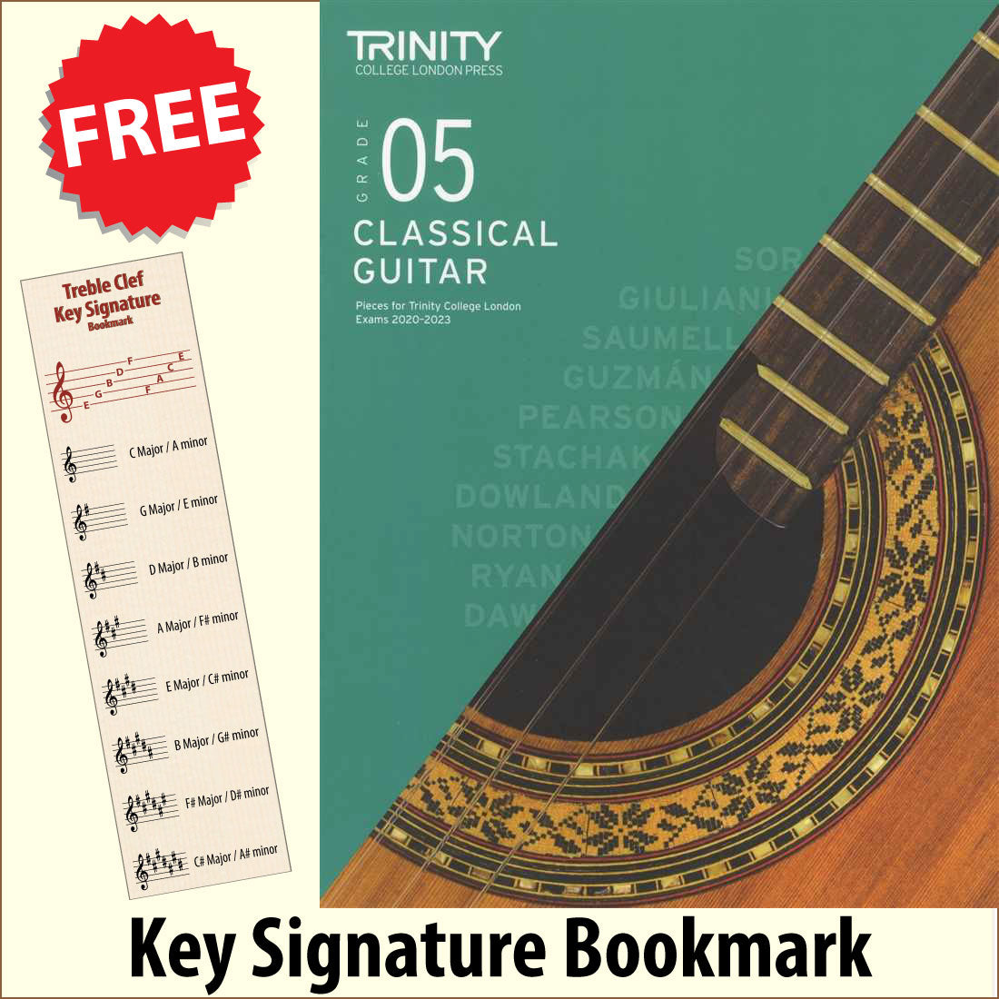 front cover of Trinity College London Classical Guitar Grade 5 from 2020 together with free Treble Clef bookmark