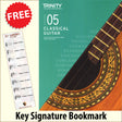 front cover of Trinity College London Classical Guitar Grade 5 from 2020 together with free Treble Clef bookmark