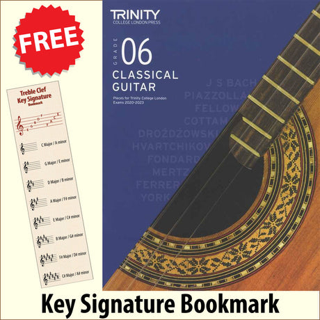 front cover of Trinity College London Classical Guitar Grade 6 from 2020 together with free Treble Clef bookmark