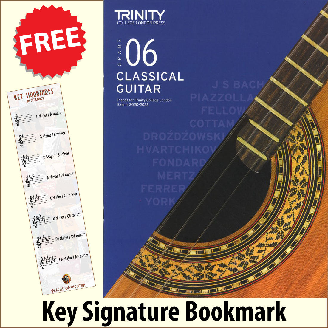 front cover of Trinity College London Classical Guitar Grade 6 from 2020 together with free Treble Clef bookmark