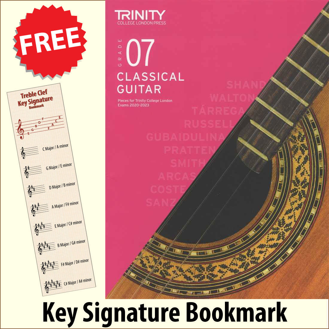 front cover of Trinity College London Classical Guitar Grade 7 from 2020 together with free Treble Clef bookmark