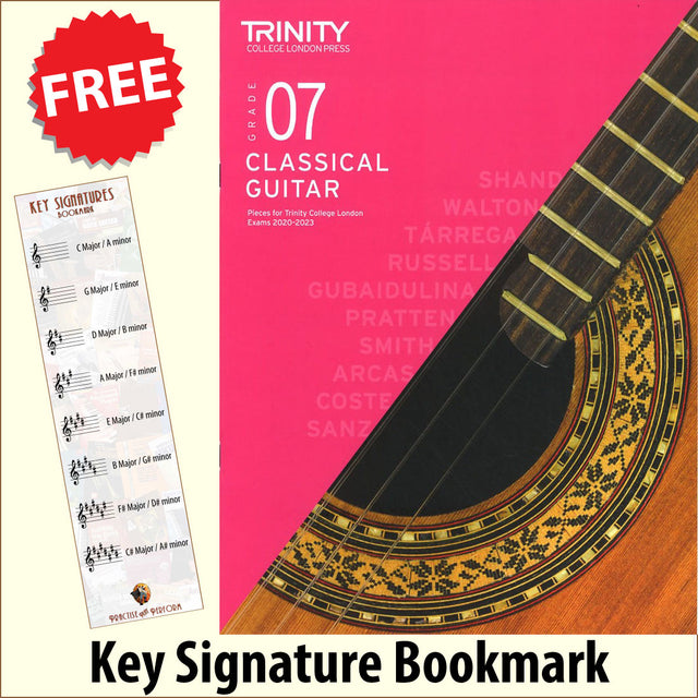 front cover of Trinity College London Classical Guitar Grade 7 from 2020 together with free Treble Clef bookmark