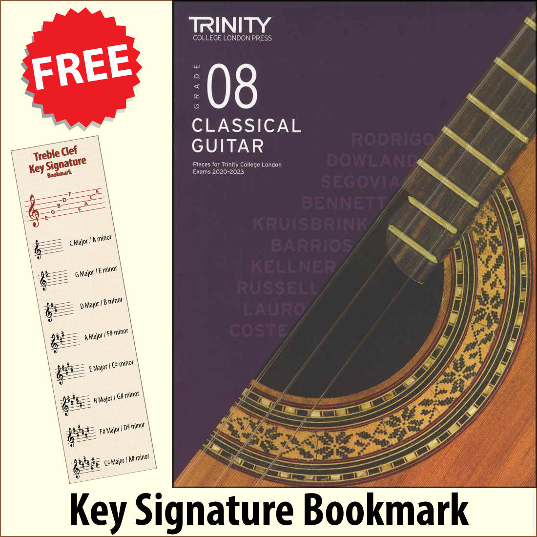 front cover of Trinity College London Classical Guitar Grade 8 from 2020 together with free Treble Clef bookmark