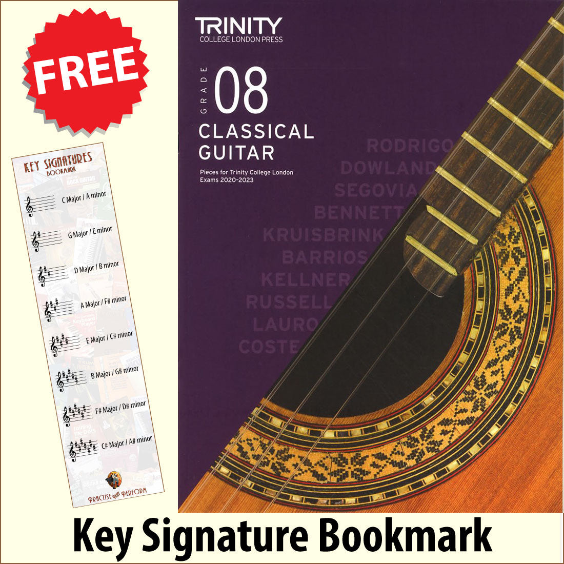 front cover of Trinity College London Classical Guitar Grade 8 from 2020 together with free Treble Clef bookmark