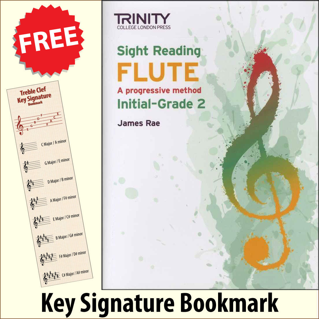 front cover of Trinity College London Flute Sight Reading Initial-Grade 2 together with free Treble Clef bookmark