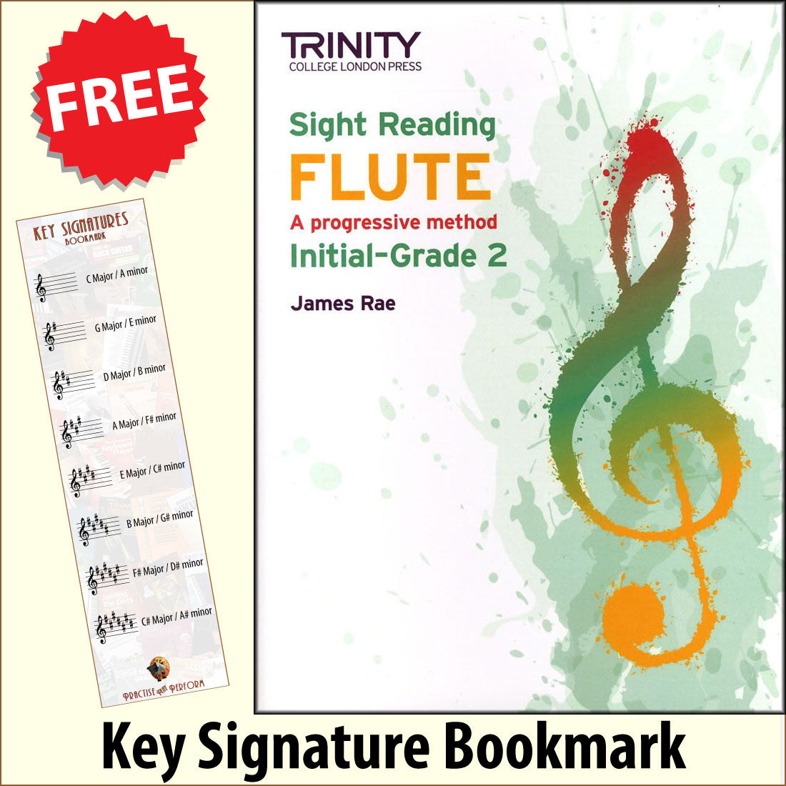 front cover of Trinity College London Flute Sight Reading Initial-Grade 2 together with free Treble Clef bookmark