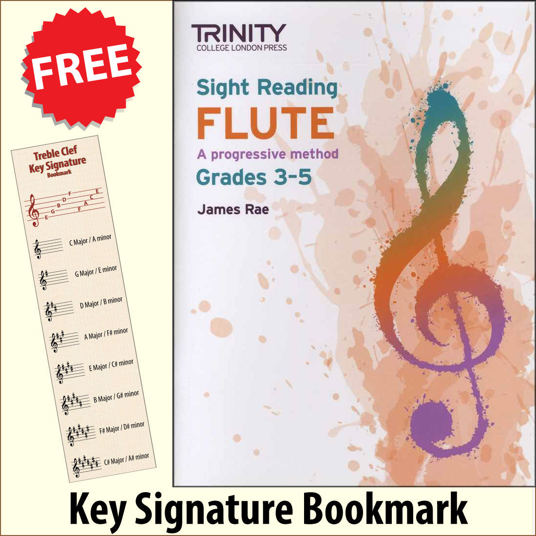 front cover of Trinity College London Flute Sight Reading Grades 3-5 together with free Treble Clef bookmark