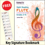 front cover of Trinity College London Flute Sight Reading Grades 3-5 together with free Treble Clef bookmark