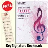 front cover of Trinity College London Flute Sight Reading Grades 6-8 together with free Treble Clef bookmark