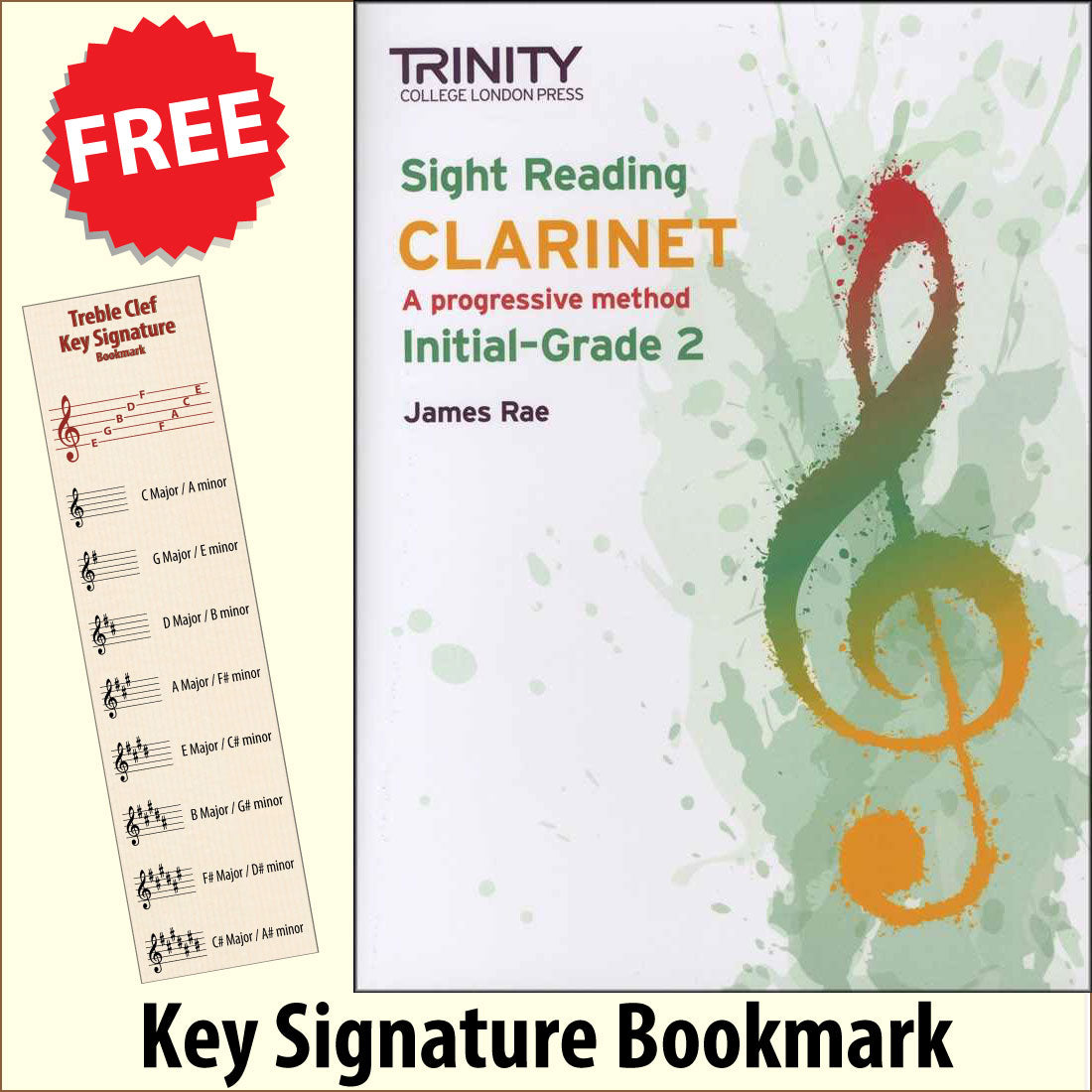 front cover of Trinity College London Clarinet Sight Reading Initial-Grade 2 together with free Treble Clef bookmark
