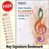 front cover of Trinity College London Clarinet Sight Reading Grades 3-5 together with free Treble Clef bookmark