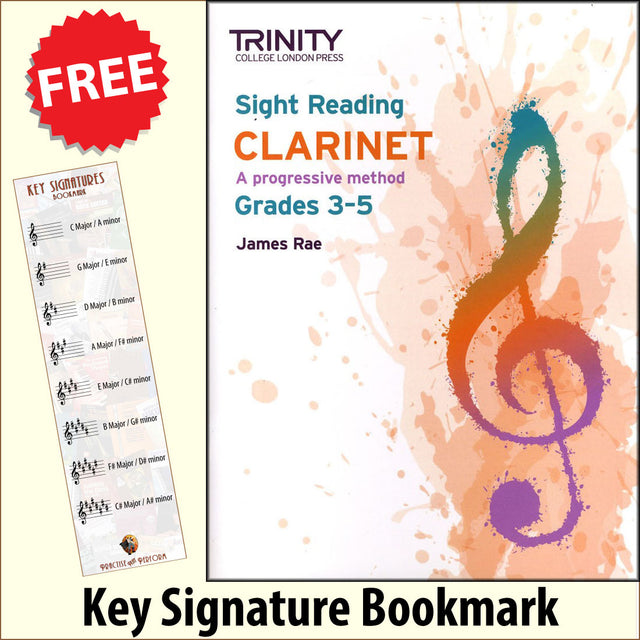 front cover of Trinity College London Clarinet Sight Reading Grades 3-5 together with free Treble Clef bookmark