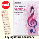 front cover of Trinity College London Clarinet Sight Reading Grades 6-8 together with free Treble Clef bookmark