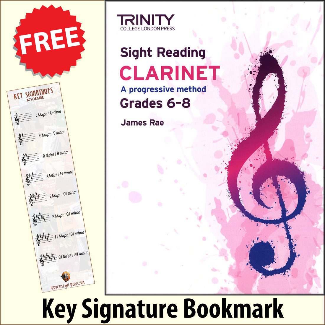 front cover of Trinity College London Clarinet Sight Reading Grades 6-8 together with free Treble Clef bookmark