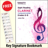 front cover of Trinity College London Clarinet Sight Reading Grades 6-8 together with free Treble Clef bookmark