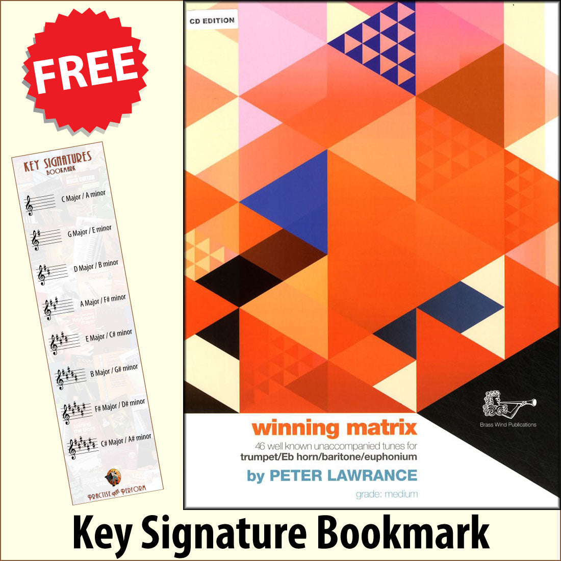 front cover of Winning Matrix for Trumpet Euphonium Book/CD together with free Treble Clef bookmark
