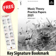 front cover of ABRSM Music Theory Practice Papers 2021 Grade 1 together with free Grand Staff bookmark