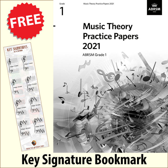 front cover of ABRSM Music Theory Practice Papers 2021 Grade 1 together with free Grand Staff bookmark