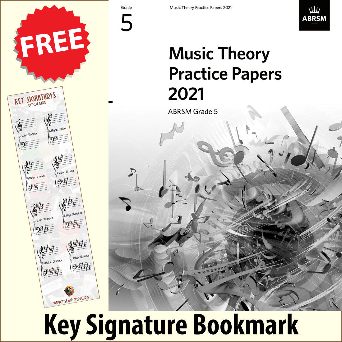 front cover of ABRSM Music Theory Practice Papers 2021 Grade 5 together with free Grand Staff bookmark