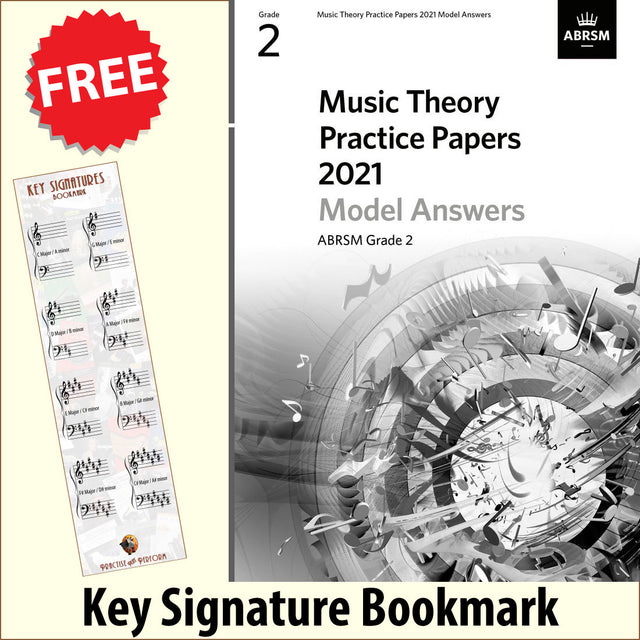 front cover of ABRSM Music Theory Practice Papers 2021 Grade 2 Model Answers together with free Grand Staff bookmark