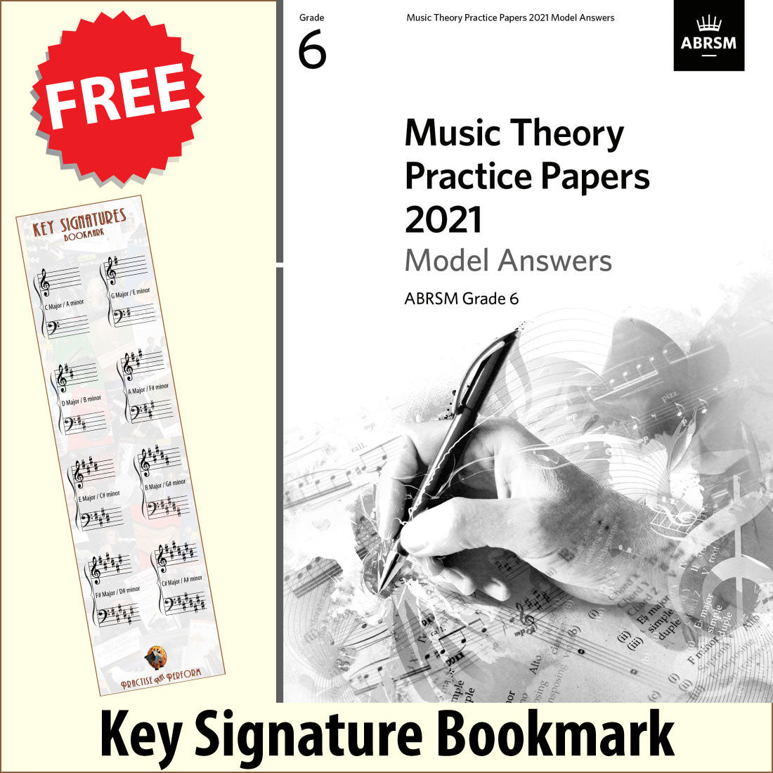 front cover of ABRSM Music Theory Practice Papers 2021 Grade 6 Model Answers together with free Grand Staff bookmark