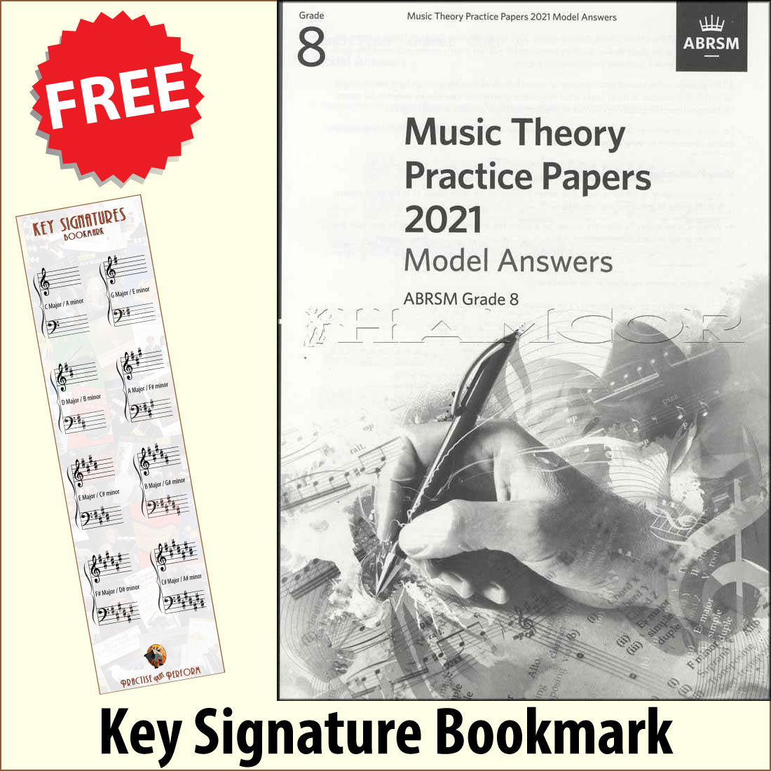 front cover of ABRSM Music Theory Practice Papers 2021 Grade 8 Model Answers together with free Grand Staff bookmark