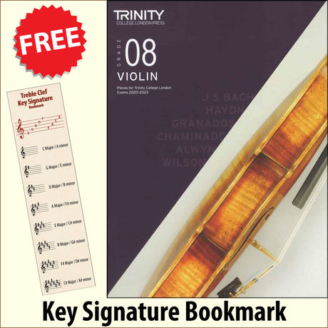 front cover of Trinity College London Violin Grade 8 (inc Piano) from 2020 together with free Treble Clef bookmark