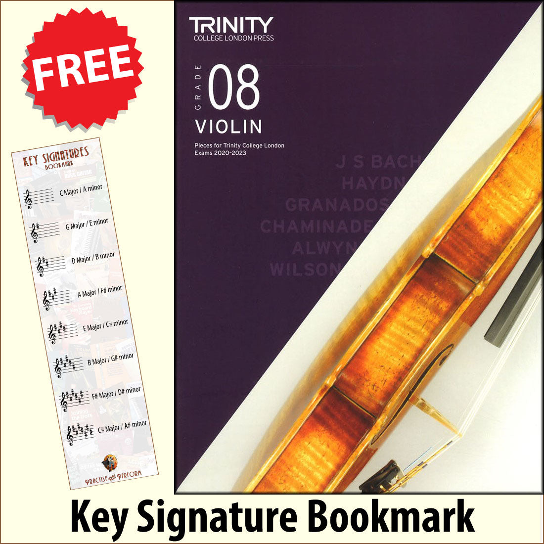 front cover of Trinity College London Violin Grade 8 (inc Piano) from 2020 together with free Treble Clef bookmark