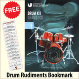 front cover of London College of Music Drum Kit Handbook Step 1 from 2022 together with free Drum Rudiments bookmark