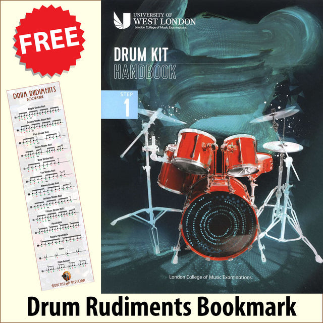 front cover of London College of Music Drum Kit Handbook Step 1 from 2022 together with free Drum Rudiments bookmark