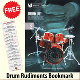 front cover of London College of Music Drum Kit Handbook Step 2 from 2022 together with free Drum Rudiments bookmark