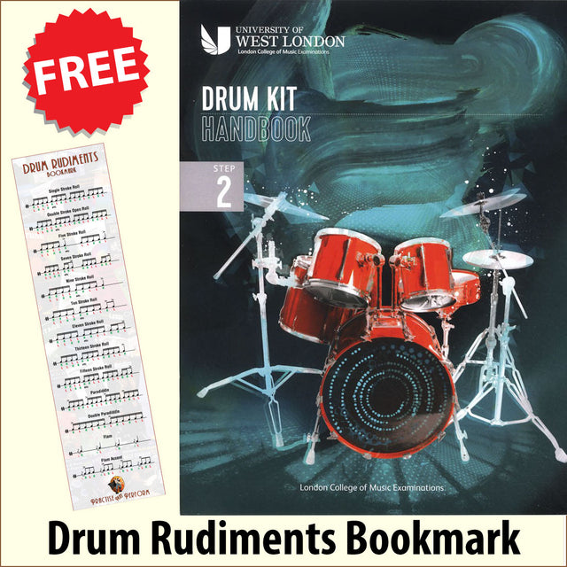 front cover of London College of Music Drum Kit Handbook Step 2 from 2022 together with free Drum Rudiments bookmark