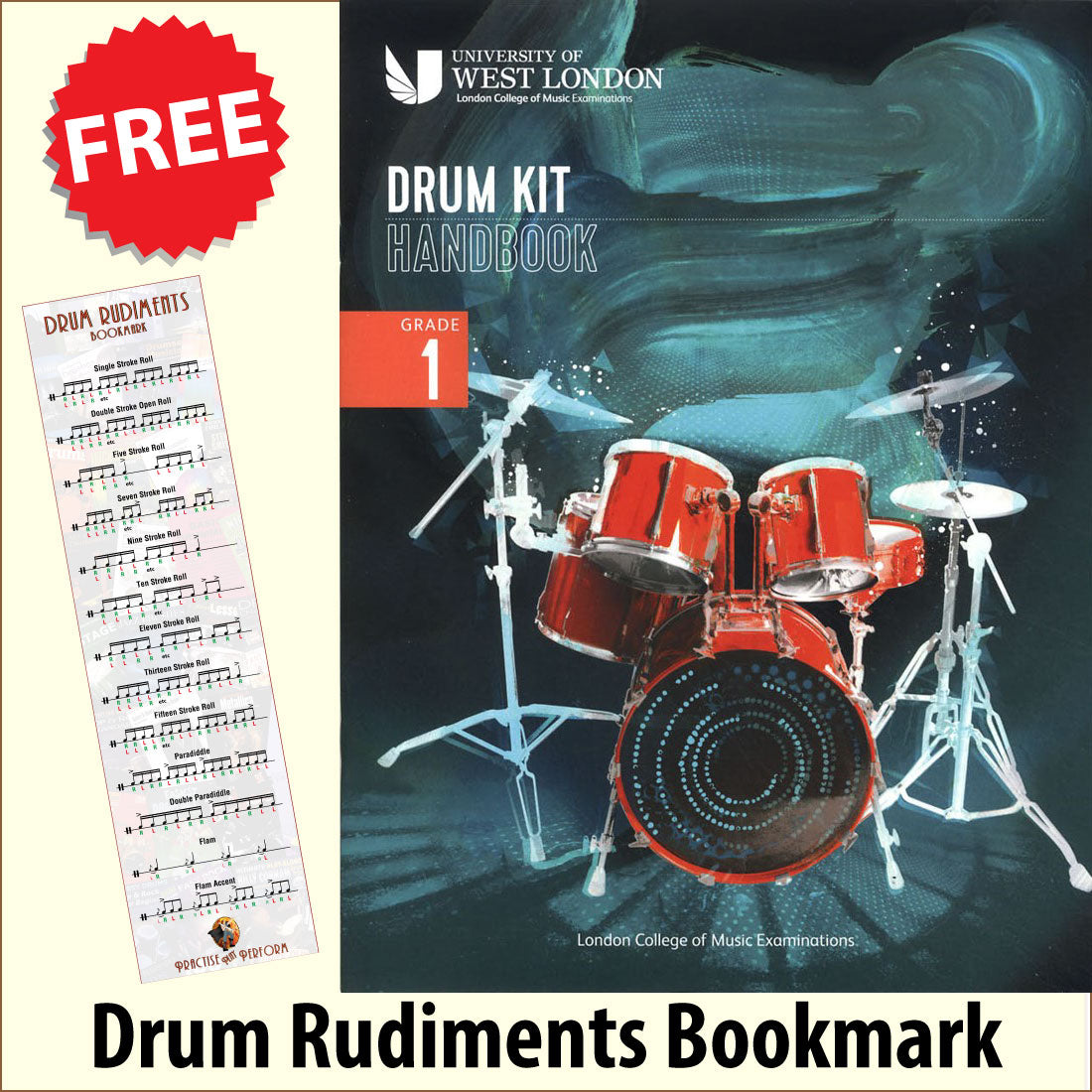 front cover of London College of Music Drum Kit Handbook Grade 1 from 2022 together with free Drum Rudiments bookmark