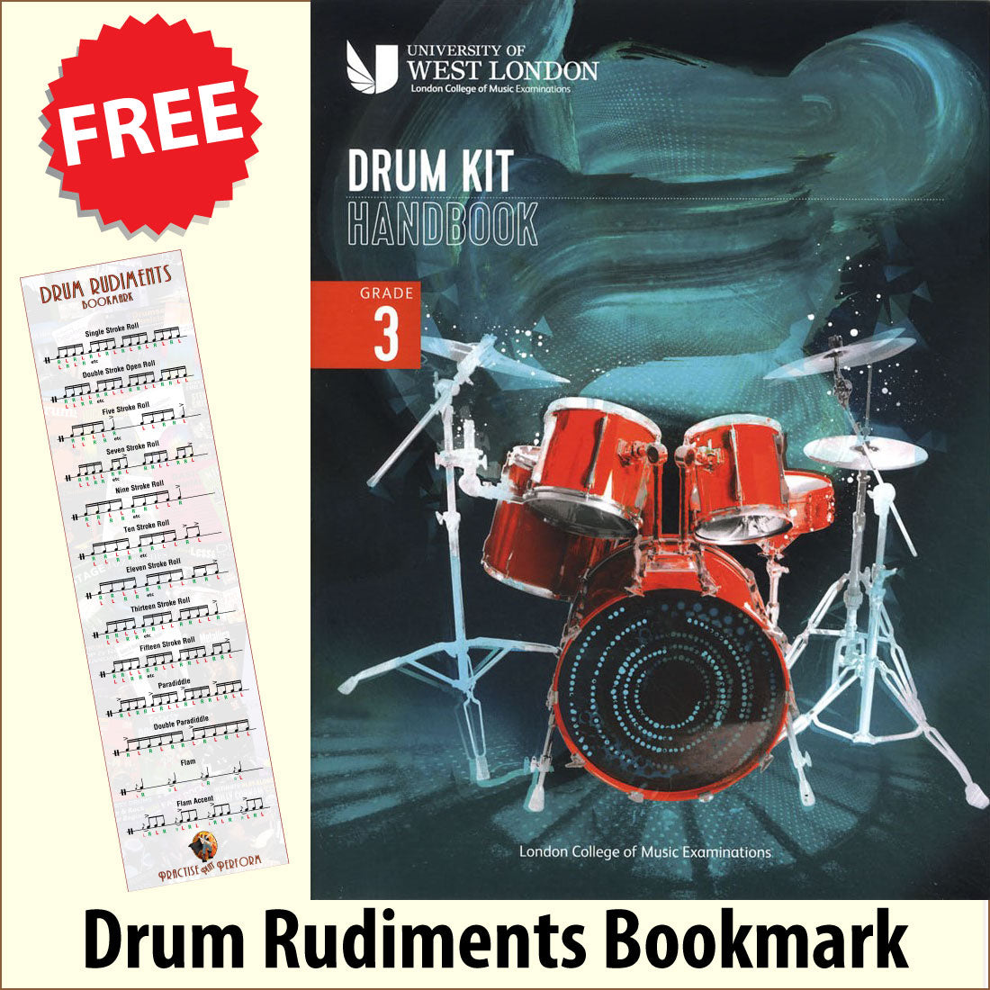 front cover of London College of Music Drum Kit Handbook Grade 3 from 2022 together with free Drum Rudiments bookmark