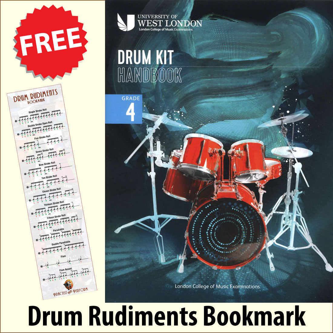 front cover of London College of Music Drum Kit Handbook Grade 4 from 2022 together with free Drum Rudiments bookmark