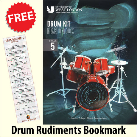 front cover of London College of Music Drum Kit Handbook Grade 5 from 2022 together with free Drum Rudiments bookmark