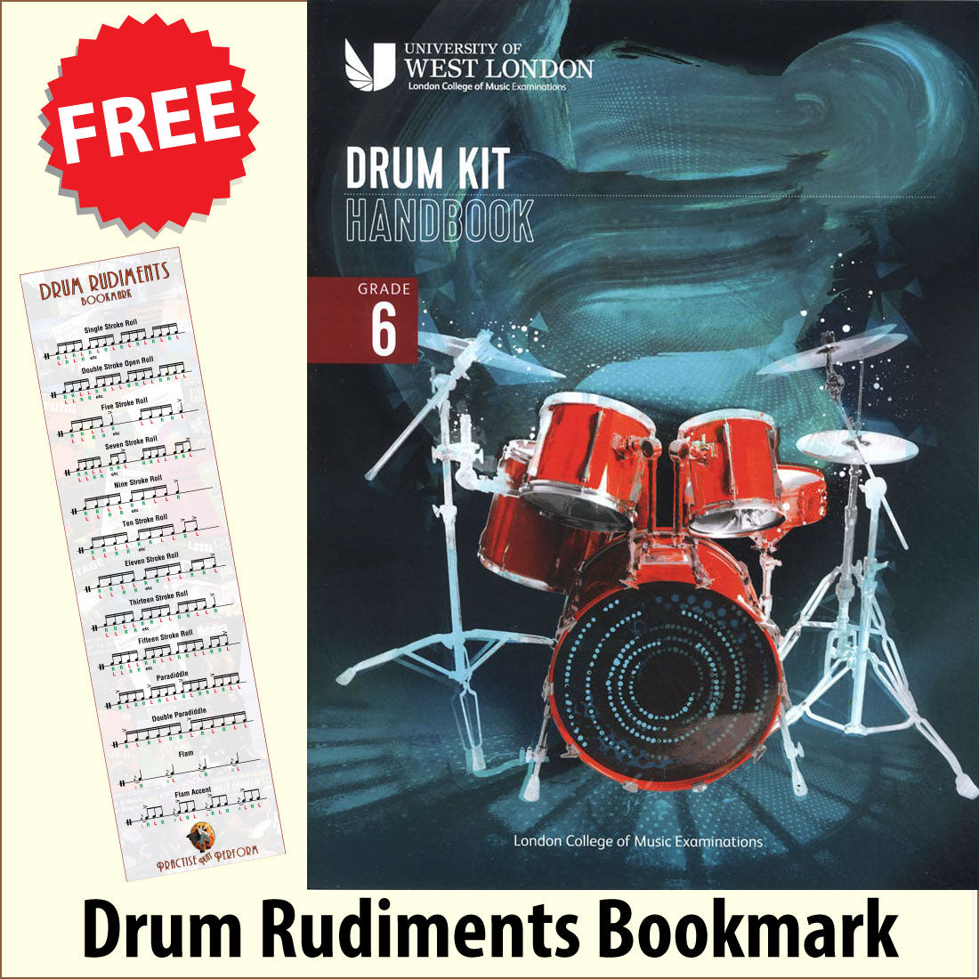 front cover of London College of Music Drum Kit Handbook Grade 6 from 2022 together with free Drum Rudiments bookmark