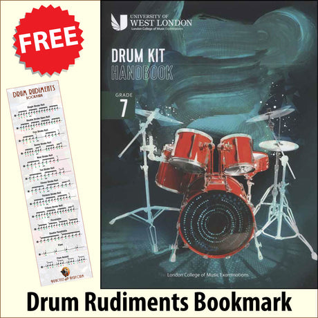 front cover of London College of Music Drum Kit Handbook Grade 7 from 2022 together with free Drum Rudiments bookmark