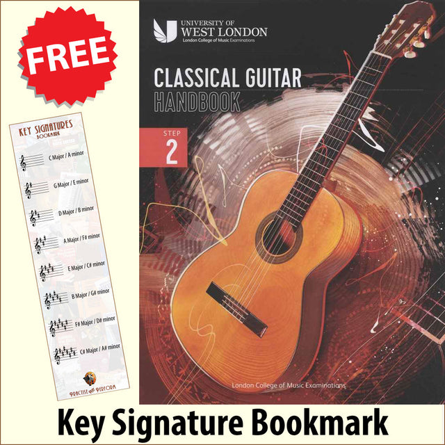 front cover of London College of Music Classical Guitar Handbook Step 2 from 2022 together with free Treble Clef bookmark