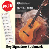 front cover of London College of Music Classical Guitar Handbook Grade 1 from 2022 together with free Treble Clef bookmark