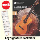 front cover of London College of Music Classical Guitar Handbook Grade 2 from 2022 together with free Treble Clef bookmark