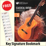 front cover of London College of Music Classical Guitar Handbook Grade 3 from 2022 together with free Treble Clef bookmark